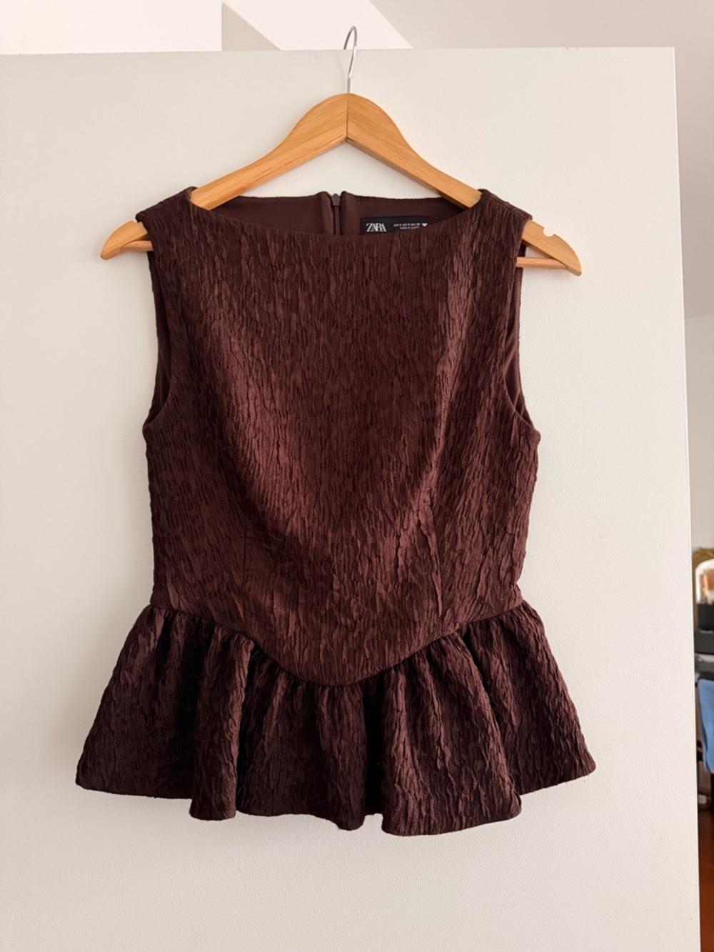 Zara Dark Brown Textured Peplum Shell Top
